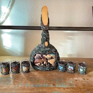 retro vintage, mid century modern european set of 7 pieces decanter shot glass